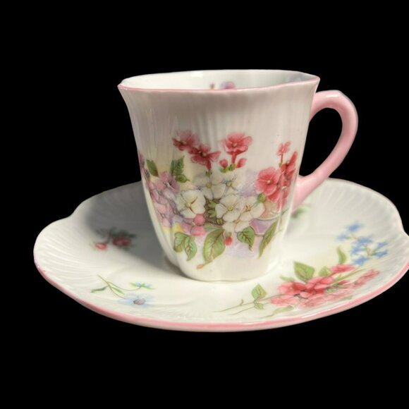 Shelley STOCKS Pattern Demitasse Cup and Saucer Dainty Shape Bone China England - Picture 1 of 9